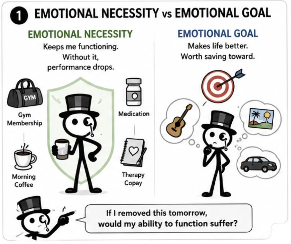 Emotional Necessity vs Emotional Goal — necessity keeps you functioning (gym, coffee, medication, therapy copay); goal makes life better and is worth saving toward (guitar, car, vacation)