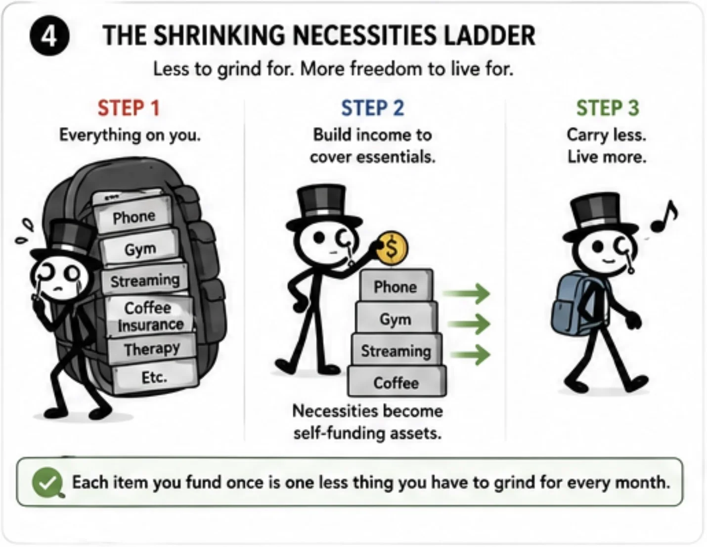 The Shrinking Necessities Ladder — Step 1: everything on you. Step 2: build income to cover essentials. Step 3: carry less, live more. Each item you fund once is one less thing to grind for.