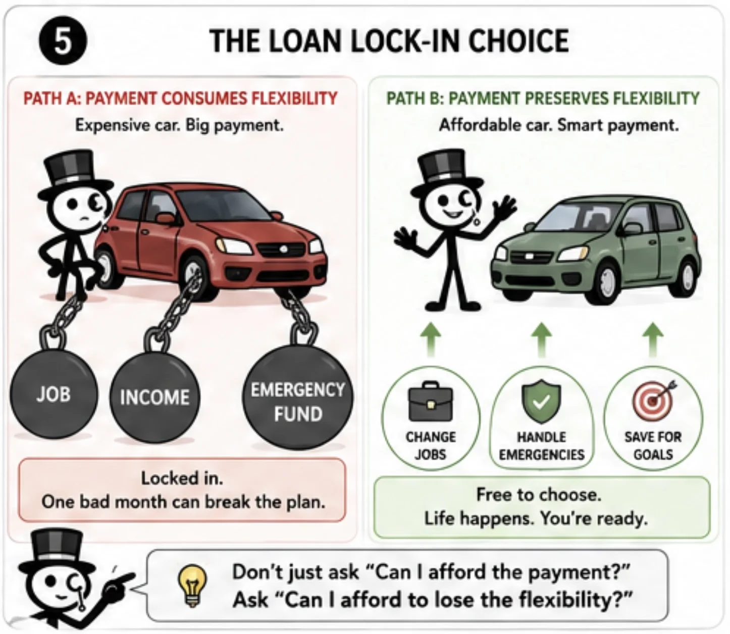 The Loan Lock-In Choice — Path A (expensive car, big payment) locks you in with no flexibility. Path B (affordable car, smart payment) lets you change jobs, handle emergencies, save for goals.
