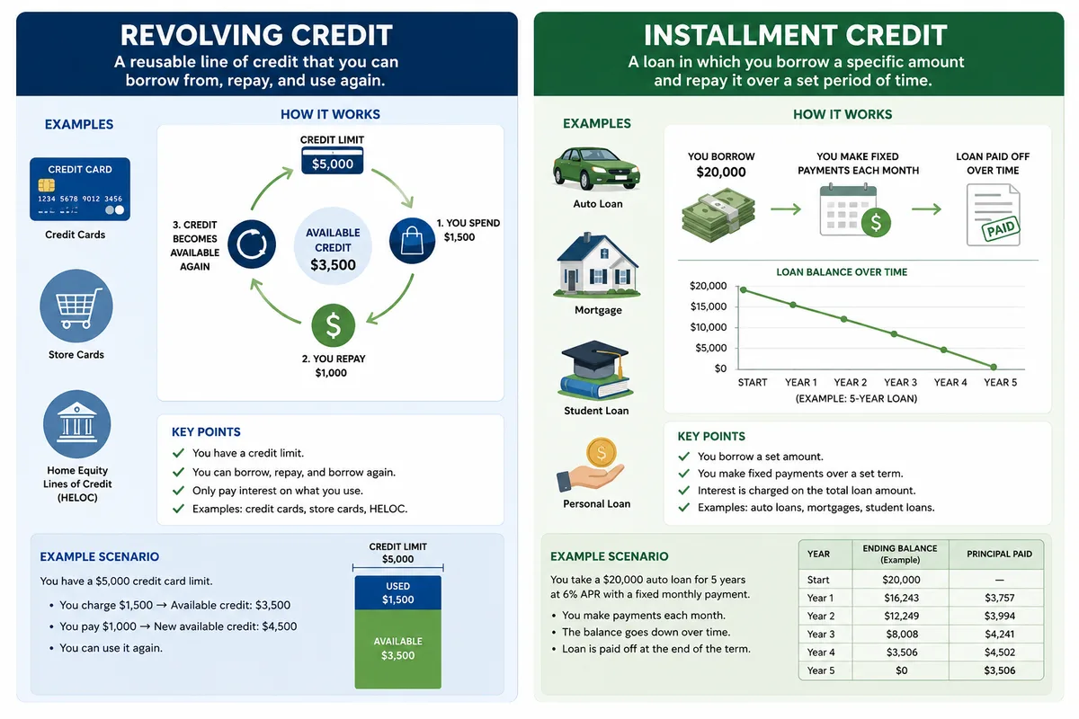 Side-by-side comparison of revolving credit and installment credit — how each works, examples, key points, and example scenarios